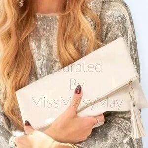 🌸FALL 2026 SALE: NEW Rachel Miriam, Ivory Clutch in Vegan Leather w/ tassel zipp